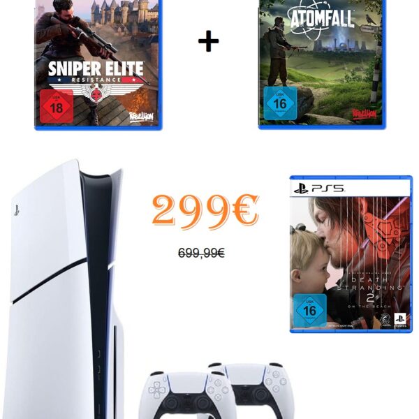 Sony Playstation 5 Slim mit 2 Controllern + 3 Spiele: Death Stranding 2 (On the Beach) + Fireshine Games Atomfall + Fireshine Games Sniper Elite Resistance