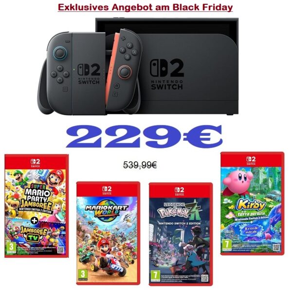 Nintendo Switch 2 mit 4 Spiele: Super Mario Party Jamboree + Mario Kart World + Kirby e la Terra perduta + Leggende Pokémon: Z-A